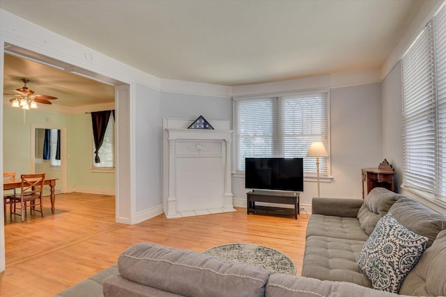 living room with ceiling fan, wood-type flooring, and a wealth of natural light