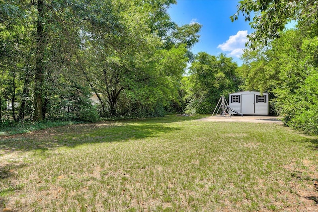 view of yard with a storage shed