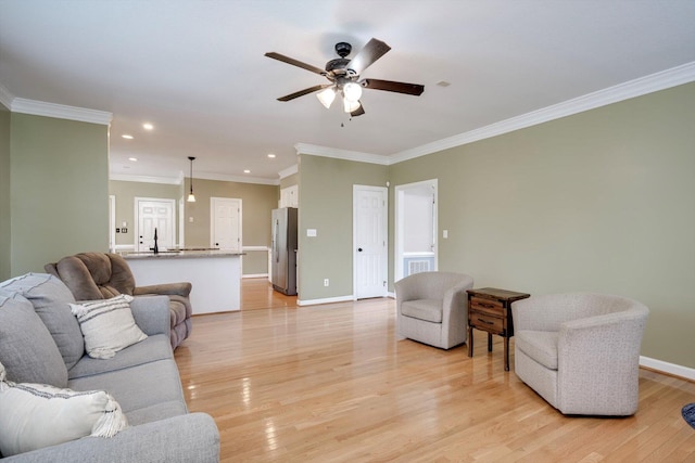 225 Old Mill Rd, Martinez, GA 30907 - living area with recessed lighting, a ceiling fan, light wood-style floors, and crown molding