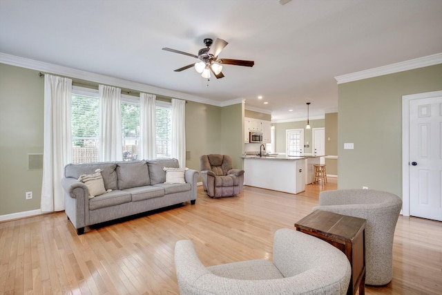 225 Old Mill Rd, Martinez, GA 30907 - living room featuring ceiling fan, light wood-type flooring, ornamental molding, and recessed lighting