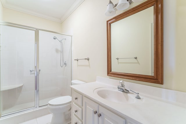 full bath featuring toilet, a shower stall, crown molding, and vanity