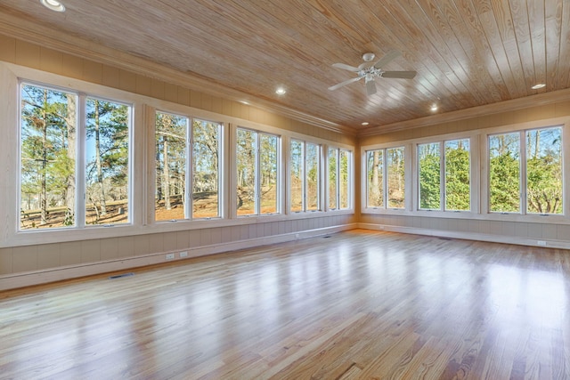 unfurnished sunroom with a ceiling fan, wooden ceiling, visible vents, and a healthy amount of sunlight