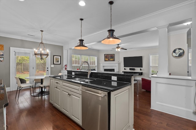 322 Pump House Rd, Evans, GA 30809 - kitchen with dark wood-style flooring, crown molding, stainless steel dishwasher, ceiling fan with notable chandelier, and a sink