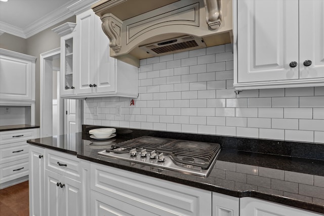 322 Pump House Rd, Evans, GA 30809 - kitchen featuring stainless steel gas stovetop, ornamental molding, white cabinets, custom exhaust hood, and backsplash