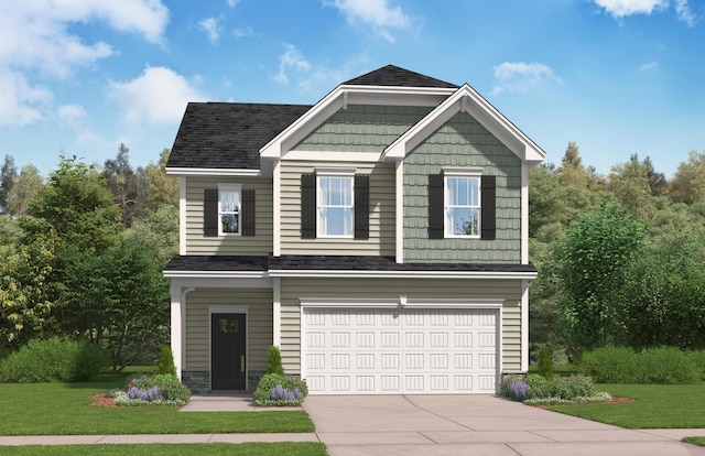 craftsman-style home featuring a front yard and a garage