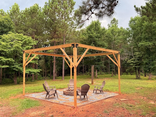 2061 White Rock Rd, Lincolnton, GA 30817 - view of green lawn with a fire pit, a patio, and a forest view