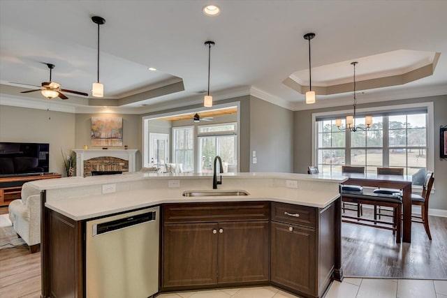 kitchen featuring a sink, a raised ceiling, stainless steel dishwasher, and light countertops