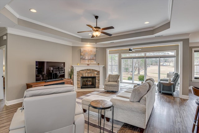 living room with baseboards, a raised ceiling, ornamental molding, wood finished floors, and a stone fireplace