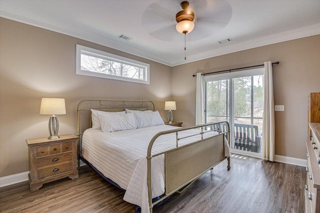 bedroom featuring access to outside, dark wood-style flooring, and visible vents