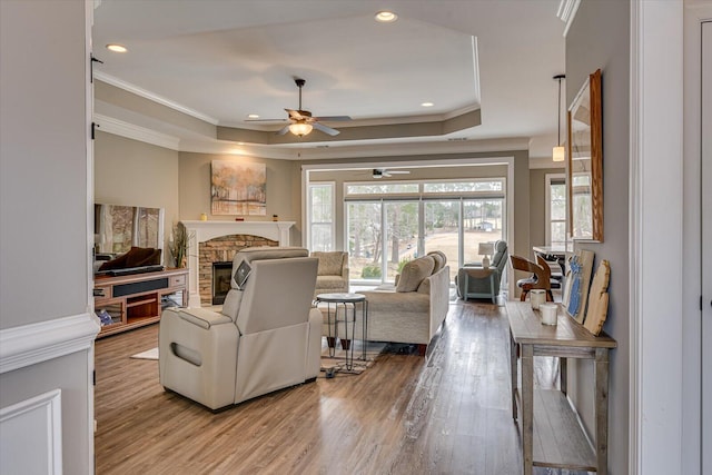 living area featuring crown molding, a raised ceiling, and wood finished floors