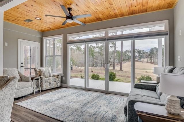 living area with wood ceiling, visible vents, ceiling fan, and wood finished floors