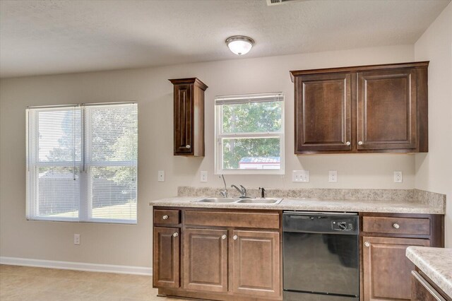 kitchen featuring dishwasher, dark brown cabinets, plenty of natural light, and sink