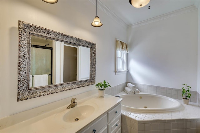 bathroom with crown molding, vanity, and independent shower and bath