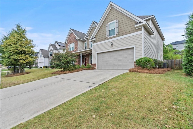 craftsman-style house with a garage, a front yard, and central AC