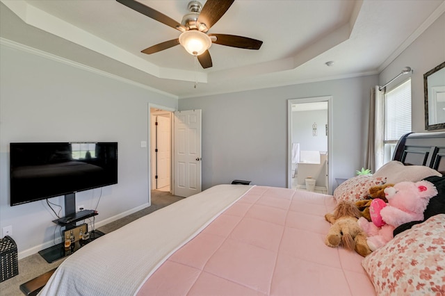 2211 Altman Way, Hephzibah, GA 30815 - carpeted bedroom featuring a tray ceiling, ornamental molding, ceiling fan, and connected bathroom