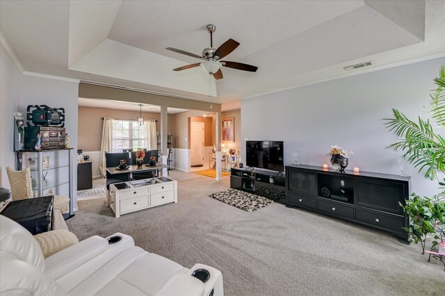 2211 Altman Way, Hephzibah, GA 30815 - carpeted living area with a raised ceiling, a ceiling fan, and ornamental molding