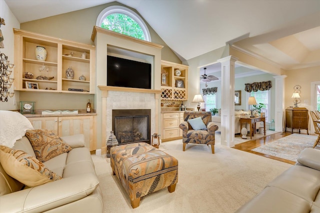 901 Patriots Pt, Mccormick, SC 29835 - living room featuring decorative columns, a fireplace, lofted ceiling, and a ceiling fan