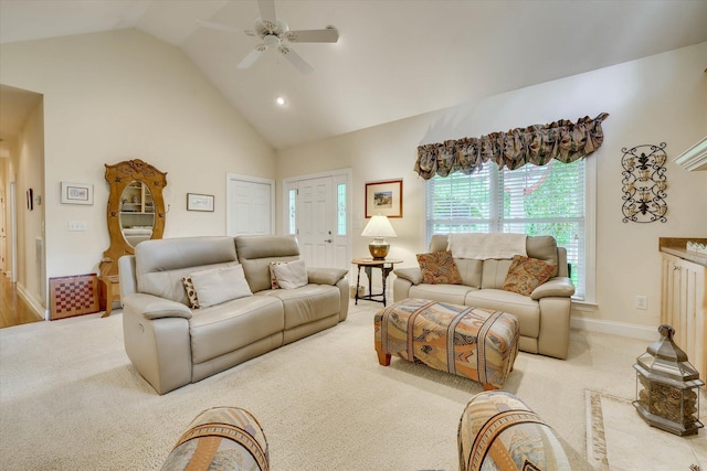 901 Patriots Pt, Mccormick, SC 29835 - living area with a ceiling fan, light carpet, recessed lighting, high vaulted ceiling, and baseboards