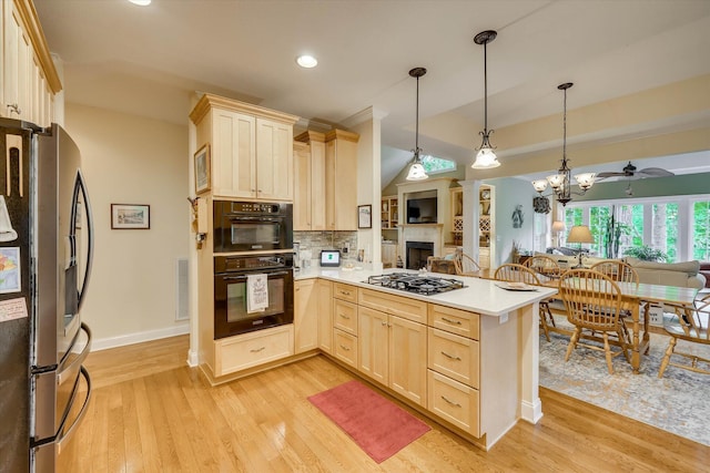 901 Patriots Pt, Mccormick, SC 29835 - kitchen featuring stainless steel appliances, open floor plan, light brown cabinetry, a peninsula, and a fireplace