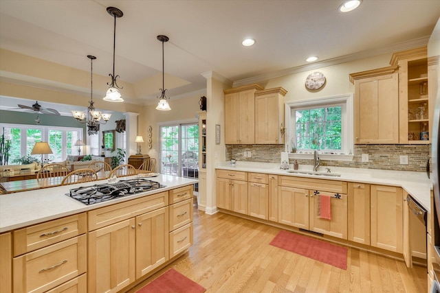 901 Patriots Pt, Mccormick, SC 29835 - kitchen featuring light brown cabinets, a sink, crown molding, black gas stovetop, and light wood-type flooring
