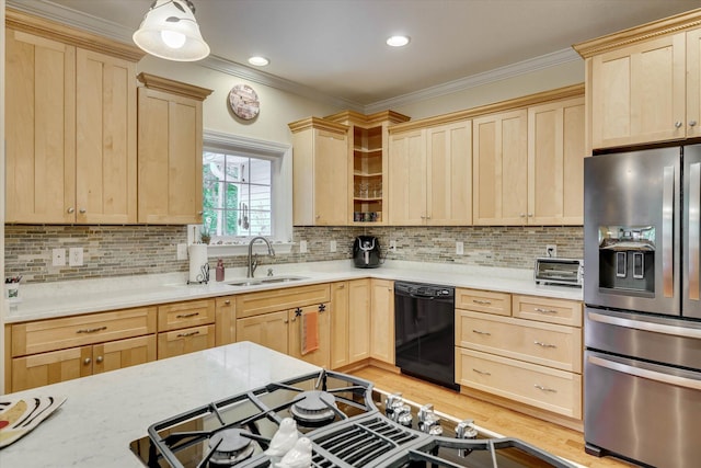 901 Patriots Pt, Mccormick, SC 29835 - kitchen featuring stainless steel fridge with ice dispenser, black dishwasher, light brown cabinets, a sink, and ornamental molding
