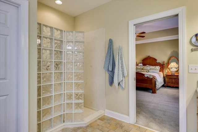 901 Patriots Pt, Mccormick, SC 29835 - bathroom with a walk in shower, connected bathroom, baseboards, ceiling fan, and recessed lighting