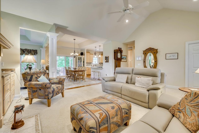 901 Patriots Pt, Mccormick, SC 29835 - living room featuring a chandelier, a ceiling fan, decorative columns, light colored carpet, and recessed lighting