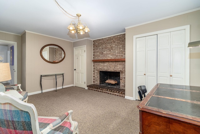 3247 Ramsgate Rd, Augusta, GA 30909 - carpeted living room with a chandelier, crown molding, a fireplace, and baseboards
