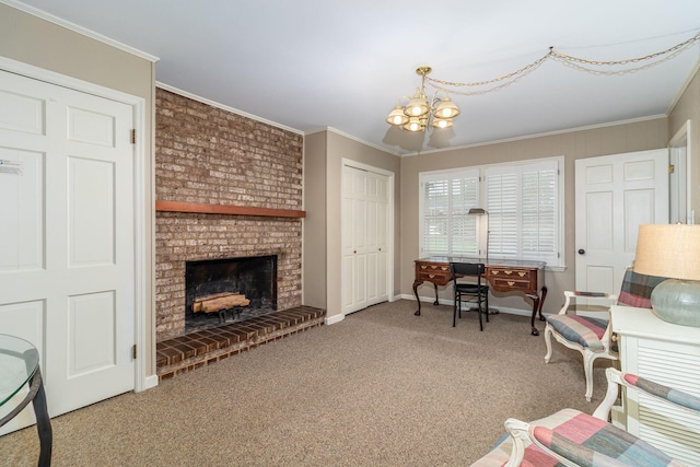 3247 Ramsgate Rd, Augusta, GA 30909 - carpeted living area with a chandelier, a brick fireplace, crown molding, and baseboards