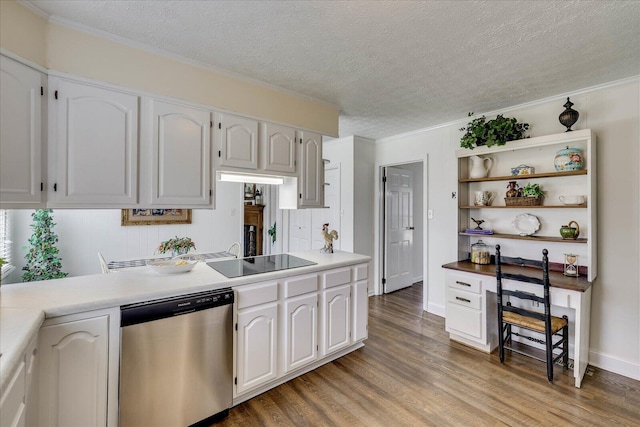 kitchen featuring light wood-type flooring, open shelves, white cabinetry, black electric cooktop, and dishwasher