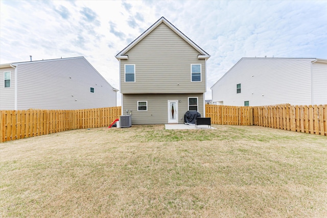 rear view of property with central AC, a patio, and a lawn