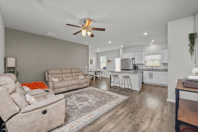 living room with ceiling fan, a wealth of natural light, sink, and wood-type flooring