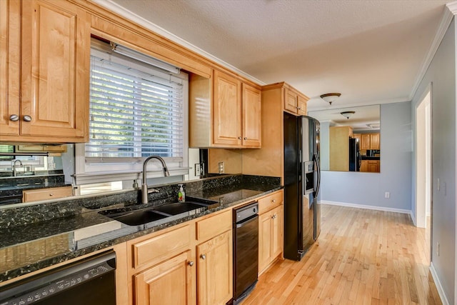 690 Riverfront Dr, Augusta, GA 30901 - kitchen with ornamental molding, baseboards, light wood-style floors, a sink, and black appliances