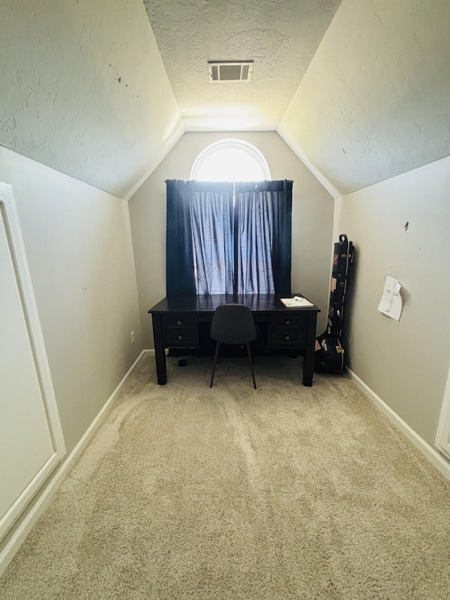 517 Avrett Ct, Evans, GA 30809 - carpeted office space featuring a textured ceiling, vaulted ceiling, and baseboards