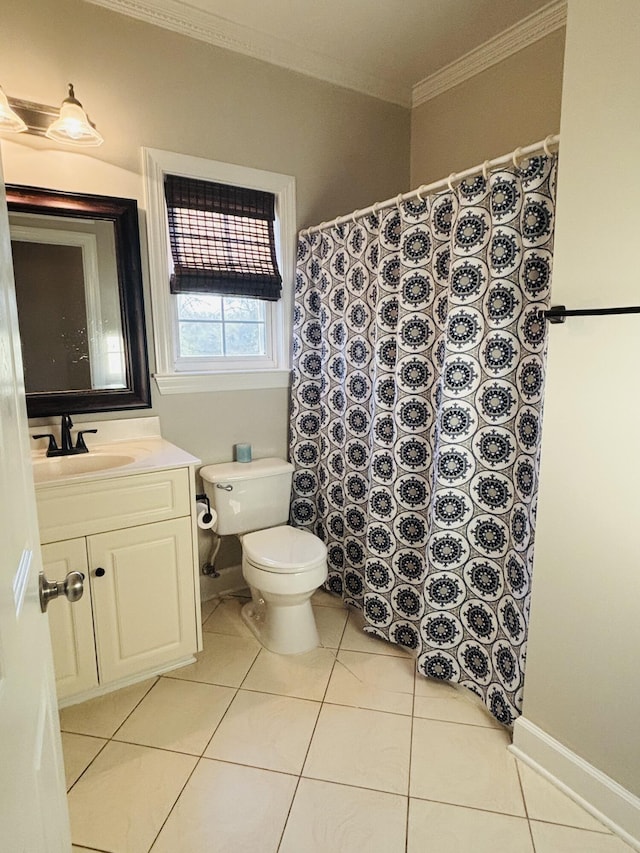 517 Avrett Ct, Evans, GA 30809 - bathroom featuring crown molding, toilet, tile patterned floors, vanity, and curtained shower