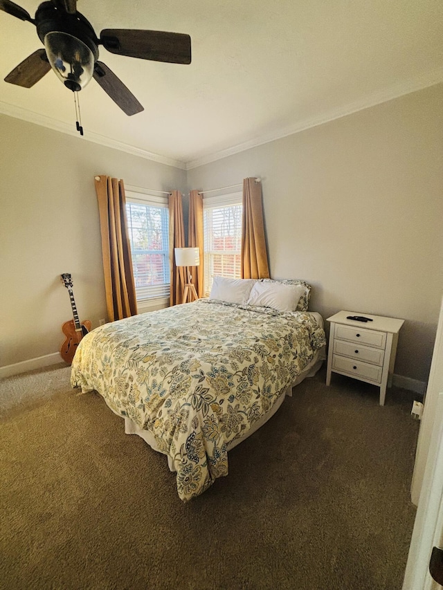 517 Avrett Ct, Evans, GA 30809 - bedroom with dark colored carpet, crown molding, baseboards, and ceiling fan