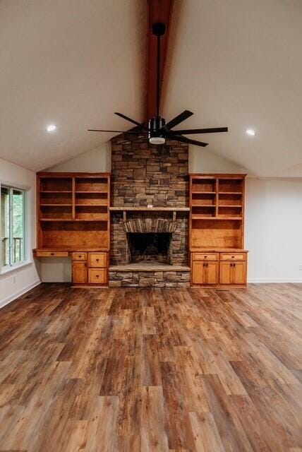 8643 Underwood Rd, Mitchell, GA 30820 - unfurnished living room featuring ceiling fan, wood finished floors, a fireplace, recessed lighting, and baseboards