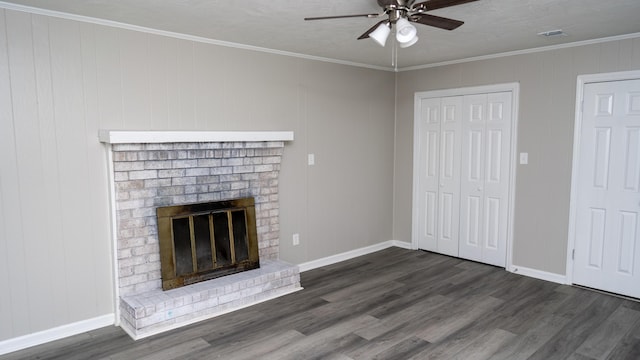 2154 Peppermint Pl, Augusta, GA 30906 - unfurnished living room featuring a ceiling fan, wood finished floors, baseboards, a fireplace, and ornamental molding