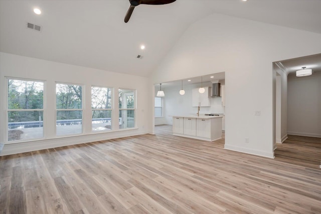 unfurnished living room featuring high vaulted ceiling, light hardwood / wood-style flooring, and ceiling fan