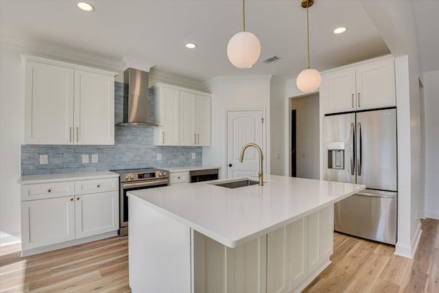 kitchen featuring white cabinets, appliances with stainless steel finishes, wall chimney exhaust hood, and sink