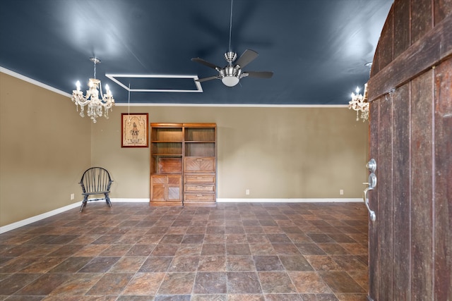 interior space with ceiling fan with notable chandelier and crown molding