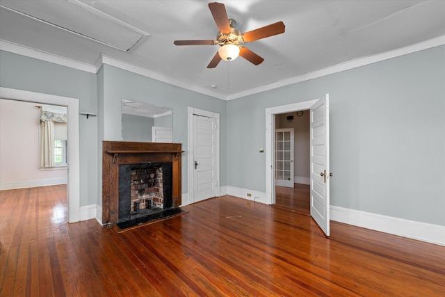 unfurnished living room with ceiling fan, crown molding, and hardwood / wood-style flooring