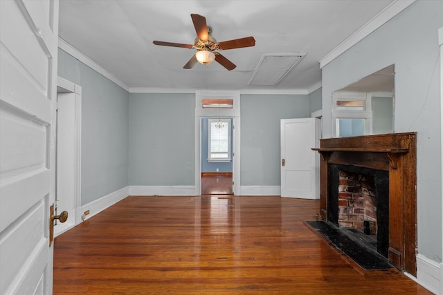 unfurnished living room with hardwood / wood-style flooring, ceiling fan, and ornamental molding