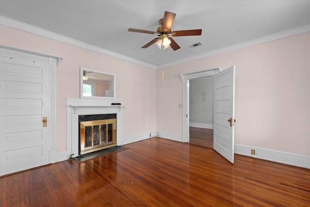 unfurnished living room with wood-type flooring, ceiling fan, and ornamental molding