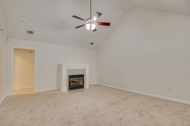 392 Sandleton Way, Evans, GA 30809 - unfurnished living room featuring vaulted ceiling, a ceiling fan, light colored carpet, and a tiled fireplace