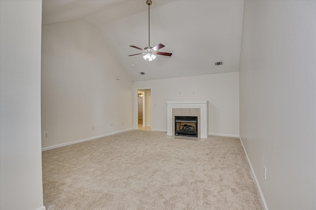 392 Sandleton Way, Evans, GA 30809 - unfurnished living room featuring light carpet, ceiling fan, a tile fireplace, and high vaulted ceiling