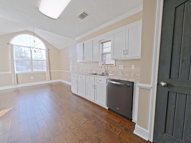 kitchen with dark hardwood / wood-style flooring, dishwasher, sink, and white cabinets