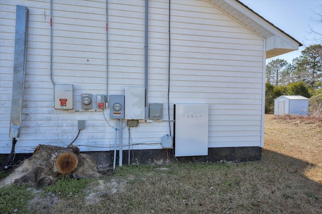 view of property exterior featuring a storage shed