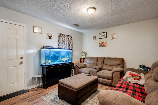 living room featuring a textured ceiling and wood-type flooring