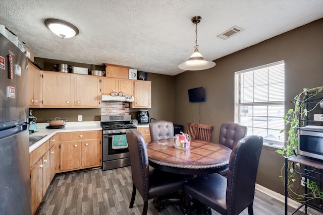 kitchen featuring hardwood / wood-style floors, pendant lighting, a textured ceiling, stainless steel appliances, and light brown cabinetry